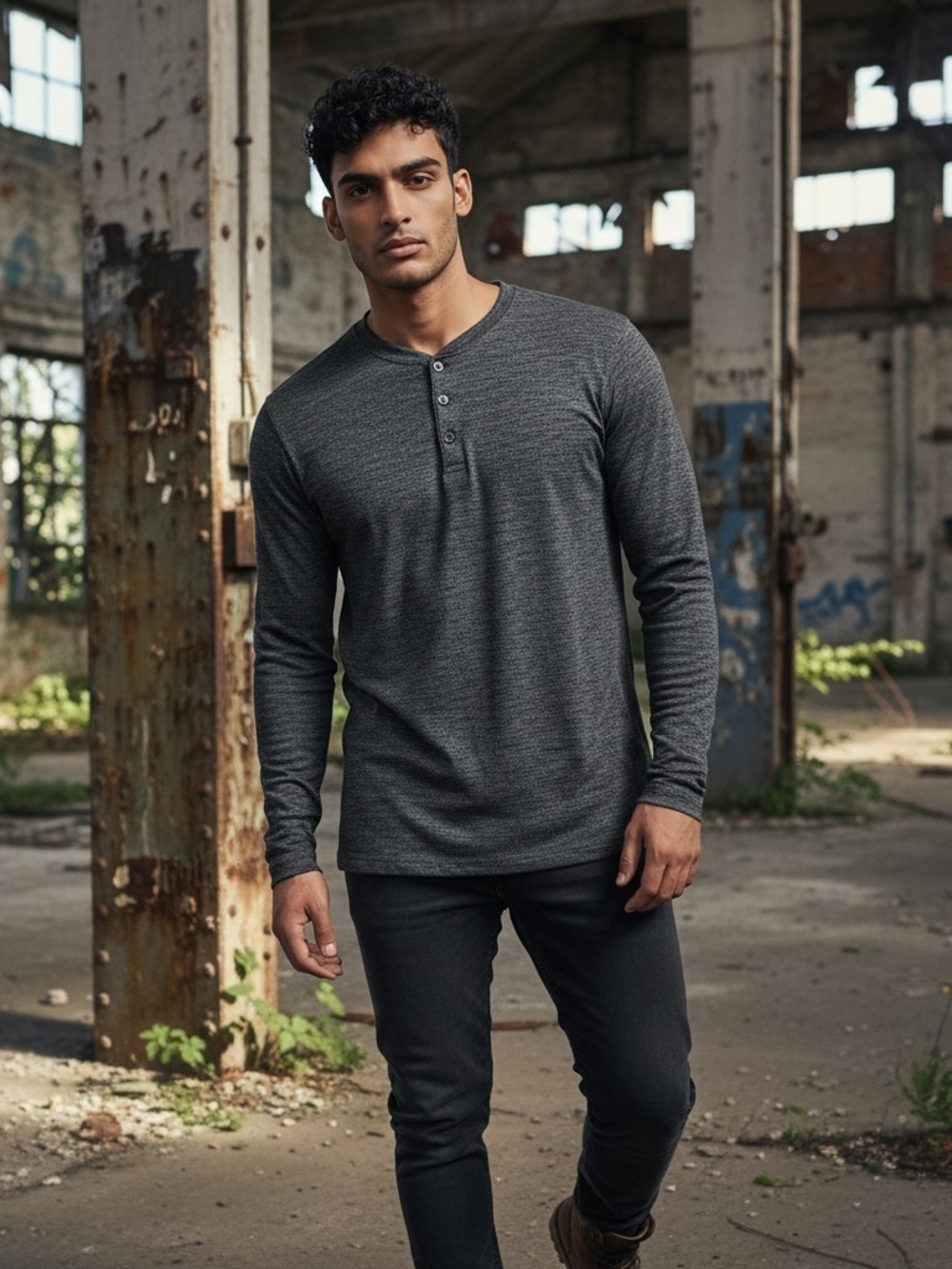 Haggar Mens XXL Henley Shirt Long Sleeve Space Dye Gray Black Cotton Blend 2XL